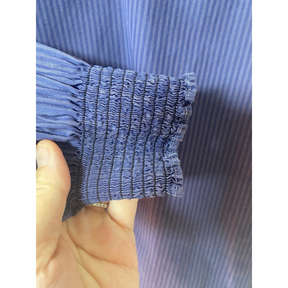 NATION LTD Estelle Poplin Peasant Blouse SMALL Blue Striped Pima Smocked Cuff - Picture 4 of 7